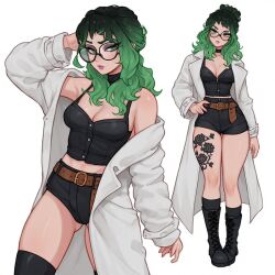 1girls ai_generated big_ass big_breasts big_butt black_boots breasts cleavage dyed_hair eye_contact fat_ass female female_only feminine glasses gothic green_eyes green_hair green_hair_female hot hourglass_figure japanese_female kyokalovesxo lace leotard light-skinned_female makeup natural_breasts original_character pale-skinned_female petite poker_face ponytail pout pov red_lipstick science scientist sexy sexy_pose shorts slim soft_breasts tattooed_arm tattoos thigh_strap wedgie wedgied_female