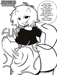 stacky_the_imp imp slapping_own_ass slapping huge_ass big_ass ass_bigger_than_head shortstack shortstack_female female_only imp_female demon_girl demon_horns demon_tail ass_focus looking_at_viewer speech_bubble english_text 1girl short_hair white_background white_hair white_body white_fur black_eyes simple_background jackobillyo self_upload