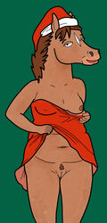 2021 anthro bojack_horseman breasts brown_body brown_hair clothed clothing clothing_lift dress dress_lift equid equine female flashing genitals green_background hair hollyhock_manheim-mannheim-guerrero-robinson-zilberschlag-hsung-fonzerelli-mcquack_(bojack_horseman) horse looking_at_viewer mammal netflix nipple_outline nipples one_breast_out partially_clothed portrait pubes pussy red_clothing red_dress simple_background solo teot three-quarter_portrait