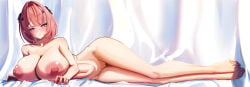 1girl absurdres bar_censor black_bow blush bow breasts censored closed_mouth collarbone commentary_request es1210 feet female female_only hair_bow highres large_breasts looking_at_viewer lying medium_hair missing_wings navel nipples nude on_side pink_hair purple_eyes pussy remielle_(zenless_zone_zero) remielle_dan smile solo zenless_zone_zero