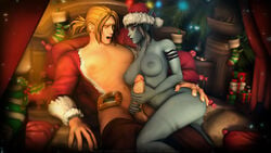 1boy 1girls 2020 3d 3d_(artwork) alliance_(warcraft) anduin_wrynn blizzard_entertainment breasts chaossu3d christmas erection female hand_on_ass handjob human_paladin hunter_(warcraft) male mawsworn nipples paladin_(warcraft) penis straight sylvanas_windrunner thighs warcraft winter_veil world_of_warcraft