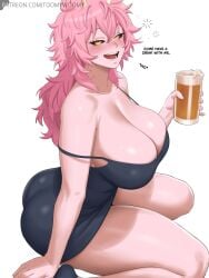 1girls ashido_mina ashido_mina_time-skip ass ass_in_dress ass_of_the_gods beer beer_mug big_breasts black_dress black_sclera blush boku_no_hero_academia boku_no_hero_academia_(finale) breasts bubble_butt cleavage curvy curvy_figure dress drink drunk drunk_bubble dumptruck_ass female female_focus female_only hair holding_drink holding_object horns huge_breasts long_hair mina_ashido mina_ashido_time-skip my_hero_academia on_knees onomatopoeia pink_body pink_hair pink_skin post-timeskip smile solo solo_female spankable_ass toomywoomy yellow_eyes