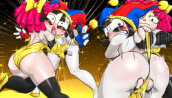 2girls armwear ass big_ass big_butt black_armwear black_legwear black_thighhighs blush brown_hair catfight doll_girl female_focus female_only femdom fight fighting fingering golden_leotard golden_week hair_bow jester jester_cap jester_girl jester_hat large_ass legwear leotard_pull lesbian octavoid pomni_(dancer_outfit) pomni_(the_amazing_digital_circus) pro_wrestling ragatha_(dancer_outfit) ragatha_(the_amazing_digital_circus) red_hair ryona short_hair the_amazing_digital_circus thick thick_ass thick_thighs thighhighs thighs tongue tongue_out wrestling wrestlingryona yuri