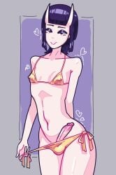 1boy 1femboy angry_peach_(character) angrypeach0 animated big_penis black_eyes black_eyeshadow black_hair crossdressing demon demon_boy demon_girl demon_horns eyeshadow femboy gay golden_bikini hard_cock nipple_piercing nipples nipples_visible_through_clothing pink_penis pulling_clothing pulling_own_clothes pulling_panties purple_hair sissy solo stretched_clothing stretched_underwear stretching tagme trap video violet_hair