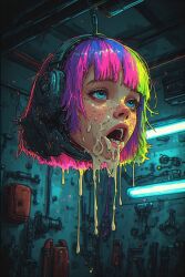 after_oral ai_generated android cum_in_mouth cum_on_face cyberpunk disembodied_head dripping_cum empty_eyes multicolored_hair open_mouth perchance_ai