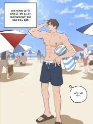 1boy agent_choi beach beach_background beach_towel beach_umbrella gay gay_male ghost_story_gotta_work muscular muscular_male nipples ppatta scar_on_throat solo_focus vietnamese_text yaoi