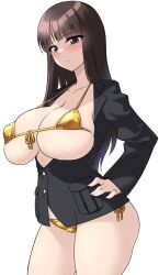 1girl bikini black_hair blush breasts brown_eyes closed_mouth collarbone embarrassed erect_nipples_under_clothes female female_only front-tie_bikini_top gigantic_breasts girls_und_panzer gold_bikini hand_on_hip highres kuzuryuu_kennosuke large_breasts long_hair looking_at_viewer micro_bikini milf nishizumi_shiho side-tie_bikini_bottom simple_background skindentation solo sweat swimsuit unbuttoned unbuttoned_shirt white_background
