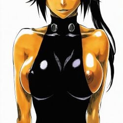 1:1 1girls 2d accurate_art_style accurate_body_type ai_generated areola_slip areolae arms_at_sides bare_shoulders big_breasts black_bodysuit black_hair black_leotard bleach bodysuit breast_focus breast_slip breasts brown_nipples cel_shading clothing clothing_cutout covered_collarbone dark-skinned_female dark_nipples dark_skin facing_viewer female female_focus female_only halterneck head_out_of_frame high_resolution highres large_breasts latex latex_clothing leotard line_art long_hair looking_at_viewer manga_style neck_ring nipple_slip nipples official_style parted_lips ponytail ring round_breasts shihouin_yoruichi shiny_clothes shiny_skin simple_background skin_tight sleeveless slender_body slender_waist smile solo solo_female solo_focus standing tied_hair tight_clothing tite_kubo_style upper_body waifu wardrobe_malfunction white_background