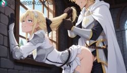 in_another_world_with_my_smartphone isekai_wa_smartphone_to_tomo_ni. hildegard_minas_lestia torn_clothes 1boy weapon clenched_teeth blonde_hair sword rating:explicit against_wall hetero long_hair grin braid smile teeth sweat breastplate gloves blush sweatdrop standing torn_skirt from_side sheath 1girls ai_generated artist_name artist_signature hi_res high_resolution highres kurutai subscribestar subscribestar_username uncensored