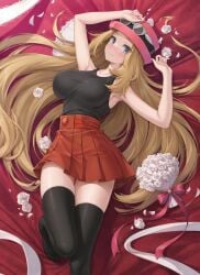 ai_generated feet female female_only looking_at_viewer lying pokemon pokemon_xy serena_(pokemon) tagme thigh_highs thighhighs trainer