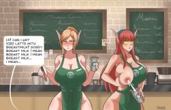 2d 2d_(artwork) 2d_artwork barista big_breasts blonde_hair blood_elf blush blushing breast_milk breast_milk_squirt breast_milking breasts breasts_out cia_nightfire coffee coffee_cup coffee_shop elf elf_ears elf_female elf_girl female female_only golden_eyes hairband huge_breasts huge_tits iced_latte_with_breast_milk lactation large_breasts meme milk milk_squirt milking milking_breasts naked_apron partially_clothed partially_nude ramahdraws red_hair sarisia_sunfeast starbucks starbucks_barista starbucks_meme tits tits_out warcraft world_of_warcraft