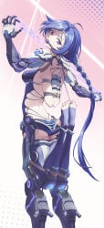 1girl absurdres bdsm blue_hair bondage bound breasts commentary_request cuffs drooling egg_vibrator female female_only gag gagged guangmi handcuffs highres kuma_kuwa long_hair looking_at_viewer mechanical_arms mechanical_legs medium_breasts ponytail promeia_(zenless_zone_zero) purple_eyes purple_thighhighs restrained sex_toy shibari skindentation solo stirrup_legwear thighhighs toeless_legwear very_long_hair vibrator wiffle_gag zenless_zone_zero