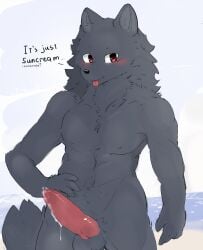 animal_genitalia animal_penis anthro balls beach black_body black_fur blush bodily_fluids canid canid_demon canine canine_genitalia canine_penis canis cum cum_drip demon dialogue dripping fur genital_fluids genitals hellhound hi_res i_think_i_like_you leon_ostiarius looking_at_viewer male mammal minecraftsteve42069 mythological_canine mythological_creature mythology nude penis red_eyes standing tongue tongue_out wolf