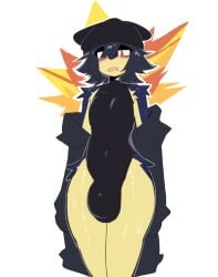 1boy anthro beanie big_bulge blue_fur blush bulge bulge_through_clothing furry hyper_genitalia jacket_off_shoulders male_only open_jacket open_mouth pokemon red_eyes shiny_thighs shiyaa_stuff solo solo_male sweaty_thighs tagme tight_clothing twink typhlosion yellow_fur