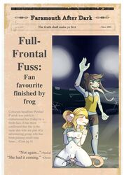 amphibian anthro arena breasts clothed clothing displayed duo english_text female frog genitals hair hi_res mammal mouse murid murine newspaper nipples nuttychooky pawkaf public public_nudity pussy rodent stripped text wavy_hair