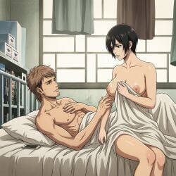 abs affair after_sex ai_assisted ai_generated areolae attack_on_titan bare_breasts bare_legs bare_shoulders bed bedframe bedroom betrayal big_breasts black_hair boobs books bookshelf boxes breasts breasts_out cellphone cheating cheating_(relationship) chin_length_hair collarbone covered_up covering_body digital_art disgrace edited_ai furniture grabbing_another's_arm hanging_clothes holding_blanket hospital_bed im_whoop implied_after_sex infidelity inpainted jean_kirstein light_brown_hair light_skinned_female looking_down_at_partner looking_up_at_partner lying_on_back mikasa_ackerman morning_after naked_female naked_female_with_naked_male naked_male netorare netorase no_sex ntr out_of_character photoshop sheet_grab sheets shingeki_no_kyojin short_black_hair sitting_up unfaithful unshaven_face white_bed_sheet window