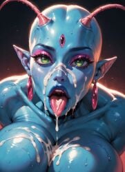 3_eyes ai_generated alien_girl antennae athletic_female bald_female big_breasts big_lips black_sclera blue_skin blue_skinned_female close_up_view cum_in_mouth cum_on_breasts cum_on_face dark_background dripping_cum dripping_wet drooling_cum face_closeup face_focus green_eyes high_quality la'zooli_la'pys looking_at_viewer moonchild41 open_mouth original_character pointy_ears pov sweat tongue_out