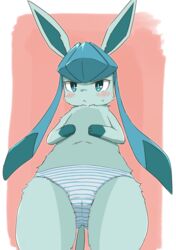 2020 blue_body blue_fur blush cameltoe clothing eeveelution female feral flat_chest fur furry furry_only glaceon koorinezumi leg_markings looking_at_viewer looking_down low-angle_view markings nintendo panties pokémon_(species) pokemon quadruped socks_(marking) solo tail topless underwear video_games