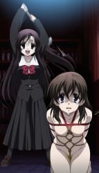 ai_generated crazy_eyes crazy_smile execution kneeling kotonoha_katsura peeing_on_floor peeing_self saionji_sekai school_days self_upload shibari sledgehammer swinging_weapon terrified yandere