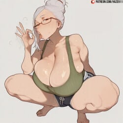 1girls ai_generated ayase_seiko barefoot breasts cleavage dandadan female female_only gesture glasses haze911 huge_breasts looking_at_viewer mature_female milf red-framed_eyewear shorts solo squatting sweat tank_top tongue tongue_out