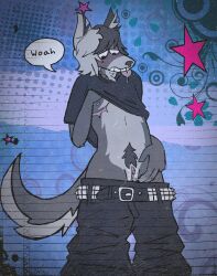 2026 absurd_res andromorph anthro august_(critteremitter) belt black_bottomwear black_clothing black_ears black_hair black_inner_ear_fluff black_jeans black_nose black_pants black_shirt black_t-shirt black_topwear blush bottomwear bottomwear_down clitoris clothed clothing critteremitter denim denim_bottomwear denim_clothing dialogue digital_drawing_(artwork) digital_media_(artwork) english_description english_text female female_only fingering fingering_self fur genitals grey_body grey_fur hair hi_res humanoid_hands inner_ear_fluff intersex jeans leaking_vagina looking_down looking_down_at_self mastectomy_scar masturbation nipples pants pants_down partially_clothed pink_nipples pink_tongue pink_vulva pubes raised_top scar shirt solo speech_bubble studded_belt studs t-shirt tail talking_to_self text tongue tongue_out topwear traditional_media_(artwork) trans_(lore) tuft vaginal vaginal_fingering vulva white_ears white_hair white_inner_ear_fluff