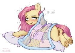 bed bed_sheet bedding bedhead bloodymrr blue_eyes blush equid equine female female_only feral fluttershy_(mlp) friendship_is_magic full-length_portrait furniture genitals hair hasbro hi_res hooves humanoid_genitalia humanoid_vulva looking_at_viewer looking_back looking_up mammal mlp_g4 my_little_pony mythological_creature mythological_equine mythology nude pegasus pillow pink_hair pink_tail portrait simple_background smile smiling_at_viewer solo solo_focus speech_bubble tail tired vulva waking_up white_background wings yellow_body