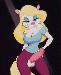 animaniacs warner_brothers warner_bros minerva_mink 1futa 1girls futanari anthro mink blonde_hair yellow_hair shirt pants ai_generated accurate_art_style penis animal_genitalia animal_penis penis_out erection balls testicles one_hand_on_hip seductive smile bedroom_eyes looking_at_viewer horny_futa imminent_sex furry big_breasts cleavage