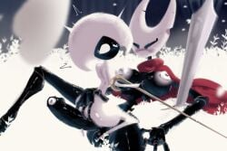 anthro arthropod big_breasts big_penis breasts cloak clothing duo eviltqf female foreskin genitals gynomorph gynomorph/female hi_res hollow_knight hollow_knight:_silksong hollow_knight_(franchise) hornet_(hollow_knight) insect intersex intersex/female lace_(hollow_knight:_silksong) melee_weapon on_lap penis sitting_on_lap sword team_cherry weapon white_body