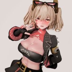 3d_animation animated belly_button black_jacket black_skirt black_tube_top blonde_hair blush bouncing bouncing_breasts breasts burnice_white cleavage clothes_pull crop_top eyewear_on_head female female_only gloves hi_res jacket large_breasts looking_at_viewer nipples open_mouth pink_nails pulling_clothing pulling_own_clothes red_eyes simple_background skirt smile solo spiked_belt spiked_jacket starrymomoko strapless sunglasses tagme teeth tinted_eyewear tubetop twintails video zenless_zone_zero