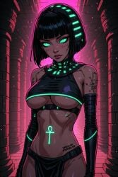 ai_generated perchance_ai dark_skin dark-skinned_female neon egyptian egyptian_female underboob round_breasts glowing_tattoo loincloth elbow_gloves