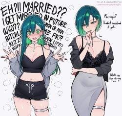 2girls age_difference bra bracelet choker green_eyes green_hair height_difference qiandaiyiyu selfcest shorts text