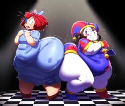 mintrimo the_amazing_digital_circus pomni_(the_amazing_digital_circus) ragatha_(the_amazing_digital_circus) female female_only female_focus 2girls dress belly weight_gain fat chubby stomach chubby_female overweight_female overweight thick_thighs hips wide_hips thighs hyper_ass large_ass ass hyper button_eye red_hair brown_hair gloves jester jester_hat hair_ribbon glitch_productions ass_to_ass ass-to-ass breasts nervous nervous_expression