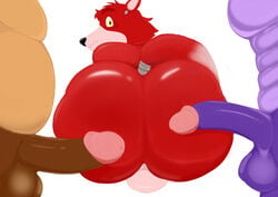 absurd_res animatronic anthro ass awkward balls big_butt bonnie_(fnaf) brown_body brown_fur bubble_butt canid canine five_nights_at_freddy's fox foxy_(fnaf) freddy_(fnaf) fur genitals gypsy_king_(artist) hi_res huge_butt humanoid_genitalia humanoid_penis hyper hyper_butt lagomorph leporid looking_back machine male male/male male_only mammal muscular muscular_male penis purple_body rabbit red_body robot simple_background slightly_chubby ursid video_games