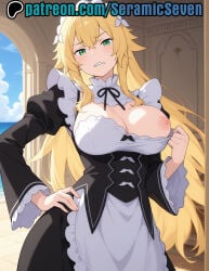 1female 1girl 1girls 2025 2d ai ai_generated anime anime_style annoyed annoyed_expression blonde blonde-haired_female blonde_female blonde_hair female female_focus female_only flashing flashing_breasts frederica_baumann green_eyes hand_on_hip light-skinned_female light_skin long_hair looking_at_viewer maid maid_headdress maid_outfit maid_uniform one_ one_breast_out one_tit_out raised_eyebrow re:zero_kara_hajimeru_isekai_seikatsu seramic_seven sharp_teeth solo solo_female solo_focus standing teeth uncensored uncensored_breasts uncensored_nipples