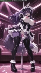 1girl ai-created ai_generated animal_ears animal_nose black_footwear black_thighhighs blush body_fur breasts breasts_out corset dildo dress female female_masturbation female_only frills full_body furry furry_female garter_straps high_heels horse_girl indoors kraakai large_breasts long_hair maid maid_headdress masturbation nipples object_insertion open_mouth pole purple_eyes purple_fur purple_hair pussy pussy_juice sex_toy smile snout solo standing tail thighhighs vaginal vaginal_object_insertion vibrator