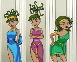 3girls american_dragon:_jake_long blue_eyes clothes disney disney_channel euryale female_only gorgon green_eyes medusa relatedguy seductive_look sisters snake_hair stheno