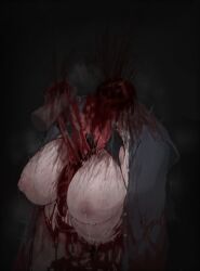 1girl absurdres blood blud_spine blue_archive breasts censored censored_violence commentary_request corpse disembodied_hand eri_(blue_archive) guro highres large_breasts mosaic_censoring nipples