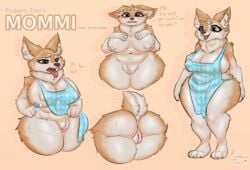 anthro apron belly big_breasts bodily_fluids breasts canid canine canis chubby_female domestic_dog english_text female fluffy genitals hi_res in_heat mammal mature_female model_sheet mostly_nude naturally_censored nipple_tuft psakorn_tnoi pussy pussy_tuft solo sweat text thick_thighs tuft