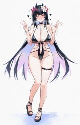 1girl aroused azur_lane belt black_hair blush breasts clothing_cutout commission cosplay danraz0r double_v female female_only full_body groin hands_up heart heart-shaped_pupils highres hip_focus huge_breasts legs long_hair mogador_(azur_lane) mogador_(azur_lane)_(cosplay) mogador_(locker_room_lechery)_(azur_lane) navel_cutout one-piece_swimsuit pixiv_commission purple_eyes pussy_juice pussy_juice_drip_through_clothes pussy_juice_trail sideless_swimsuit skin_tight skindentation solo standing strasbourg_(azur_lane) swimsuit symbol-shaped_pupils thigh_belt thigh_gap thigh_strap thighs v very_long_hair w_arms