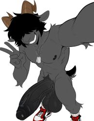 ai_generated big_balls black_body black_fur black_glans black_hair black_penis circumcised goat horns huge_cock male_only messy_hair posing_for_the_viewer selfie selfie_pose smirk veiny_penis