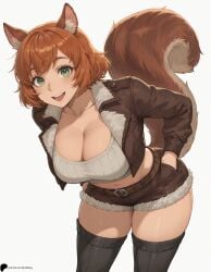 1girl 1girls ai_generated animal_ear_fluff bangs belt black_thighhighs breasts brown_jacket brown_shorts cleavage collarbone crop_top freckles fur_trim green_eyes hand_in_pocket happy hi_res high_quality high_resolution highres jacket large_breasts leaning_forward light looking_at_viewer marvel marvel_comics marvel_rivals midriff navel nose opal_nemy open_jacket open_mouth orange_hair patreon_logo patreon_url patreon_username plain_background self_upload shadow shiny shiny_clothes shiny_hair shiny_skin short_hair shorts simple_background solo squirrel_ears squirrel_girl squirrel_girl_(marvel) squirrel_girl_(marvel_rivals) squirrel_tail tail teeth thick_thighs thighhighs thighs watermark white_background