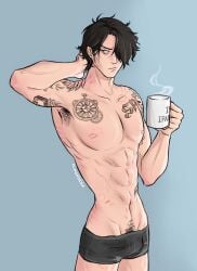 sao_paulo_(nikkiyan) male/male 2boys yaoi brazilian brazilian_male brazilian_states pale-skinned_male male_only twink amantedegaes tattoo tattoos tattoed sexy_body underpants drinking_coffee coffee