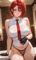 1girls ai_generated animal_print big_breasts camo female female_only huge_breasts king_of_fighters kofwaifus light-skinned_female light_skin pale-skinned_female pale_skin panties red_eyes red_hair shirt short_hair vanessa_(kof) white_shirt