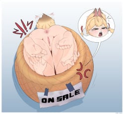 absurd_res alice_thymefield animal_ears animal_humanoid animal_tail anus barefoot blonde_hair blue_background blush blush_lines bodily_fluids border brown_body brown_fur crying dipstick_ears dipstick_tail ear_markings exclamation_point eyes_closed feet female female_only fur genitals hair hi_res humanoid lagomorph lagomorph_humanoid leporid_humanoid mammal mammal_humanoid markings mihoyo multicolored_ears nude open_mouth rabbit_humanoid simple_background soles solo speech_bubble stuck tail tail_markings tan_body tan_fur tan_skin tears text thick_thighs thiren tofuchenco vulva white_border wide_hips zenless_zone_zero