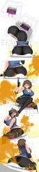 black_pants blue_shirt capcom fart fart_cloud fart_fetish farting_in_face farting_on_another female gun jill_valentine lazei nonbinary_pride_colors object_shows resident_evil short_hair