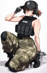 1girl 1girls adjusting_hat ai_generated army baseball_cap belt big_ass blue_eyes boots brown_hair bulletproof_vest camo camo_print camouflage cap clothing eyepatch female female_focus female_only front_view gloves hat headphones kneepads looking_at_viewer military military_clothing military_pants military_uniform mrnails pants pockets ponytail short_hair solo solo_female tactical_gear thick_thighs thighs tight_clothing tight_pants vest white_background