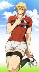 1boy all_out!! ambush_(trap) bara big_pecs blonde_hair blush brown_eyes bulge clothed coy hand_on_chest kneehighs looking_at_viewer male_only muscular muscular_male one_leg_up pecs rugby_uniform short_shorts shy smile soccer_uniform solo_male sumiaki_iwashimizu thick_thighs tight_clothing