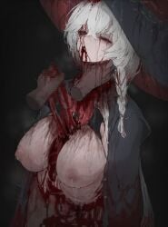 1girl absurdres black_hat blood blud_spine blue_archive braid breasts censored censored_violence commentary_request corpse decapitation disembodied_hand eri_(blue_archive) guro hat highres large_breasts long_hair mosaic_censoring nipples red_eyes side_braid snuff very_long_hair white_hair witch_hat