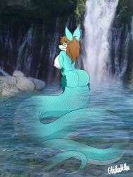 absurd_res anthro apode bathing blush blush_face blush_lines brown_hair canid canine cthuwulhu cute_pose draconcopode embarrased_female embarrased_horny embarrassed embarrassing_nudity female female_only fox hair hi_res lake lamia legless long_ears long_tail mammal naga nude reptile scalie serpentine snake solo split_form sylvia_(cthuwulhu) tail taur water waterfall waterfall_shower
