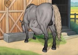 2025 after_vore ambiguous_gender anus balls belly black_anus black_balls dragonczech drinking equid equine fence feral feral_pred genitals grass grey_belly grey_body grey_legs hair horse human human_prey male male_pred mammal plant stairs tail vore watermark white_hair white_tail